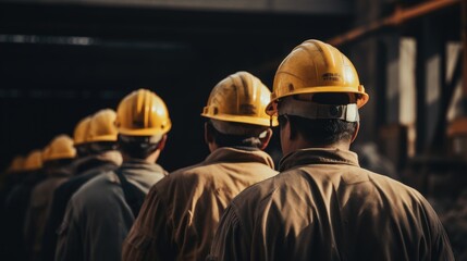 A lot of construction workers on a building site. View from behind many working miners in protective helmets and soiled overalls.