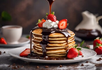 Wall Mural - Chocolate poured on pancakes with strawberries and whipped cream stack, AI-generated.