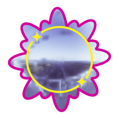 Wall Mural - stylized metallic emblem featuring stars and clouds with vibrant purple outlines