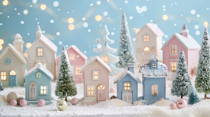 Wall Mural - Pastel Snowy Village:  a charming holiday village scene with pastel-colored cottages, twinkling lights, and festive decorations against a light and airy backdrop. 