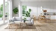 © Siasart Studio - a cozy living room with a white couch and wood chairs arranged around a wood table, adorned with potted green plants the room features a large window, a brown rug, and a