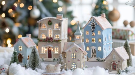 Wall Mural - Pastel Snowy Village:  a charming holiday village scene with pastel-colored cottages, twinkling lights, and festive decorations against a light and airy backdrop. 