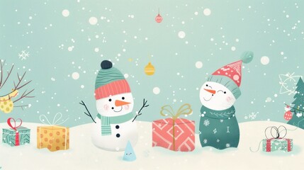 Wall Mural - Pastel Winter Festivities:  a lively holiday background with soft pastel hues, featuring vibrant decorations, playful characters, and joyful celebrations in a light and airy setting. 