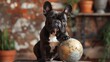A French Bulldog sitting calmly with a globe, suggesting worldliness and a cosmopolitan approach, suitable for global pet care brands