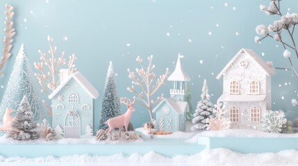 Wall Mural - Pastel Winter Serenade:  a serene winter scene with soft pastel tones, featuring delicate snowfall, cozy cottages, and peaceful woodland creatures in a light and airy setting.