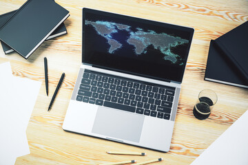 Wall Mural - abstract digital world map on modern computer monitor, big data and blockchain concept. 3d rendering