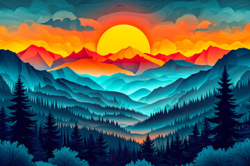 Poster - Poster of mountain range with the sun peeking over the top of tall mountain in the middle of the range.