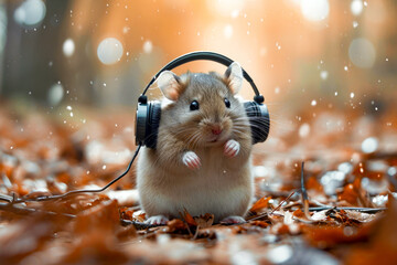 Sticker - Small hamster is wearing headphones and holding remote control.