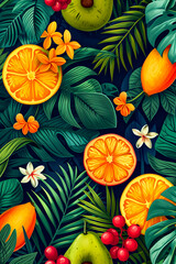 Sticker - Graphic featuring yellow lemon green leaves and orange flowers has blue background.