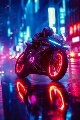 Canvas Print - Motorcycle that is lit up in purple and blue neon colors.