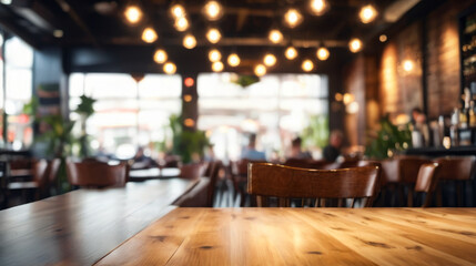 Canvas Print - Empty restaurant with wooden tables and chairs.