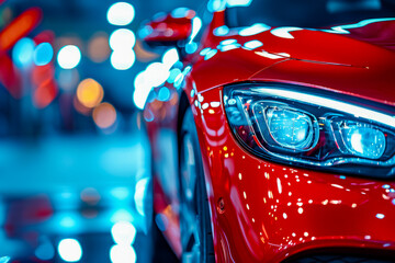 Canvas Print - Red car has its headlights on and is reflecting off of rainy pavement.