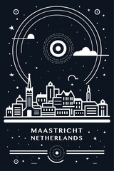 Wall Mural - Maastricht, Netherlands city creative poster with abstract thin line cityscape and skyline for Holland. Chalkboard style vector black and white illustration, vertical graphic