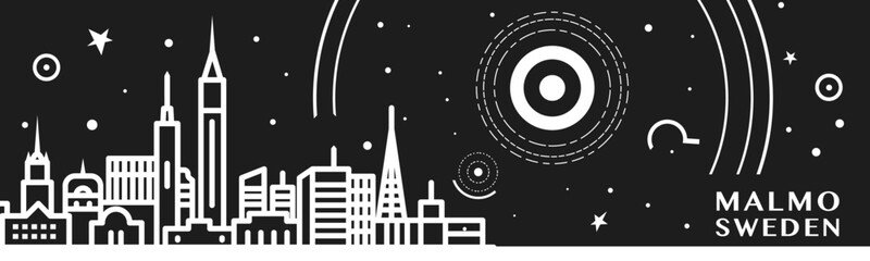 Wall Mural - Malmo city thin line style banner with black and white cityscape and skyline. Chalkboard vector horizontal illustration, header, footer for Sweden