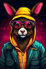 Wall Mural - Trendy Deer Character in Retro 90s Synthwave City Outfit