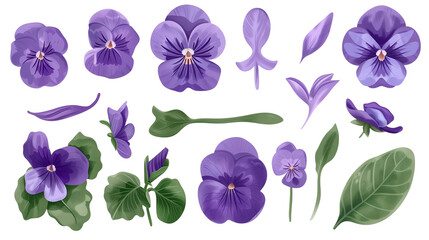 Wall Mural - Set of violet elements including violet flowers, buds, petals, and leaves