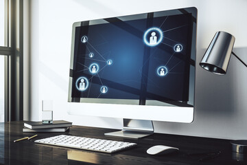 Wall Mural - modern computer monitor with social network icons concept. marketing and promotion concept. 3d rende