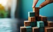 © Lucky Ai - business development and growth success process concept, close up hand arranging wood block stacking, background with copy space