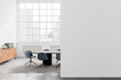 White office meeting room interior with board, drawer and window. Mockup wall