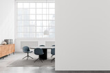 Fototapeta Przestrzenne - White office meeting room interior with board, drawer and window. Mockup wall