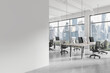 © ImageFlow - Office workplace interior with pc desktop on tables in row, window. Mockup wall