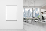 Fototapeta Przestrzenne - A modern office interior with a blank poster on the wall, large windows overlooking Bangkok cityscape, and a workspace setup, 3D Rendering