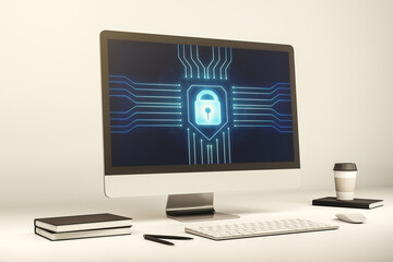 Wall Mural - modern computer monitor with creative lock hologram and chip. information security concept. 3d rende