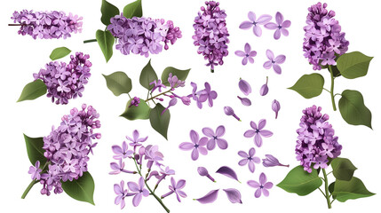 Wall Mural - Set of lilac elements including lilac flowers, buds, petals, and leaves