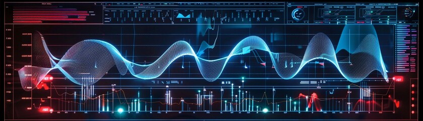 Wall Mural - oscilloscope display, an oscilloscope screen displaying various waveforms and frequencies, with a ra