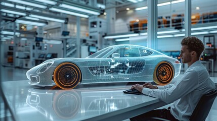 Leinwandbilder - An automotive design studio using machine learning to test car aerodynamics, with engineers working on simulations and 3D models on their computers. Generative AI.