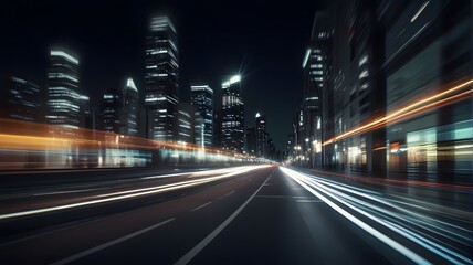 Blurred motion of city lights at night, depicting high-speed urban travel