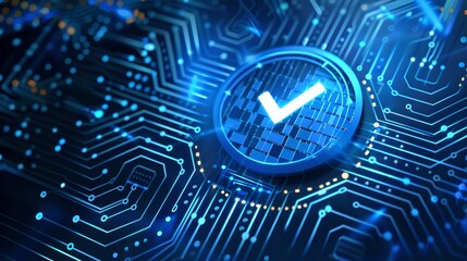 Futuristic blue circuit board with glowing check mark symbol. Technology concept of digital security, verification process. Cybersecurity and quality control theme. AI