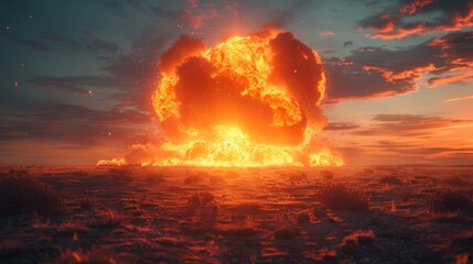 A vivid illustration of an atomic bomb explosion, showcasing a massive mushroom cloud over a barren landscape at twilight.