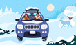 People in car travel. Cute driver and passenger. Vehicle front view. Winter trip. Family driving on snow covered road. Snowy landscape. Automobile adventure vacation. Garish vector concept