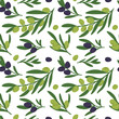 Olive seamless pattern. Organic product. Branches with green leaves or black fruits. Decorative tree sprigs. Agriculture summer plant. Repeated print. Garish vector botanical background