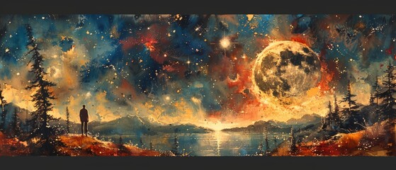 watercolor illustration art of stars, sky, astronomy, vintage style.