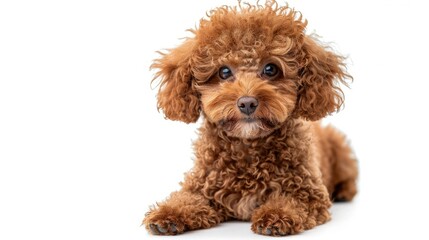 A cute toy poodle with a fluffy brown coat is sitting on a white background. It has a black nose and dark brown eyes. Its looking at the camera with a curious expression.