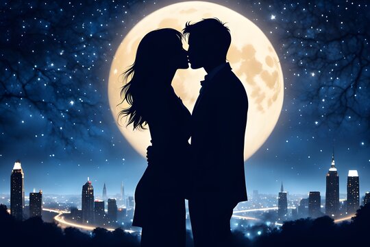 The moonlight of the city. The silhouette of two people sharing a kiss against the starry night sky, ai, generative, 달빛, korea