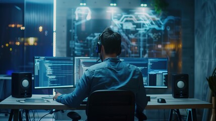 Wall Mural - A professional IT specialist engrossed in writing code at their computer desk in a modern office environment