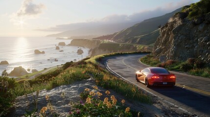 Coastal Road Trip at Sunset with a Red Sports Car