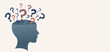 Mental health banner copy space. Profile head with question mark. Emotional burnout. OurMindsMatter. Poster for psychiatry or psychology medical studies clinics