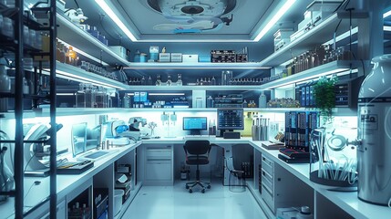 Aufkleber - Cool fluorescent biology lab, all kinds of instruments, clean, experiments, futuristic, cozy. Generative AI.