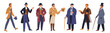 Gentlemen characters. Male persons with vintage clothing. 19th century European fashion. Aristocrats men. Victorian elegant suits. Walking cane and hat. Dandy apparel. Garish vector set