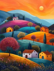 Wall Mural - Colorful illustration of rolling hills with trees and mountains