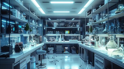 Aufkleber - Cool fluorescent biology lab, all kinds of instruments, clean, experiments, futuristic, cozy. Generative AI.