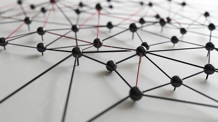 3d rendering of a network of interconnected black spheres with glowing red lines