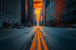 A long and wide road in the middle of a city with tall buildings on both sides The sky is a bright orange color