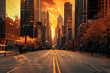 A long and wide road in the middle of a city with tall buildings on both sides The sky is a bright orange color