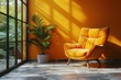 The interior wall of a living room in warm tones with an armchair, with a minimalist design, is mocked up in warm tones.