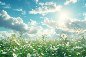 Wall Mural - a field of white flowers with a bright blue sky in the background